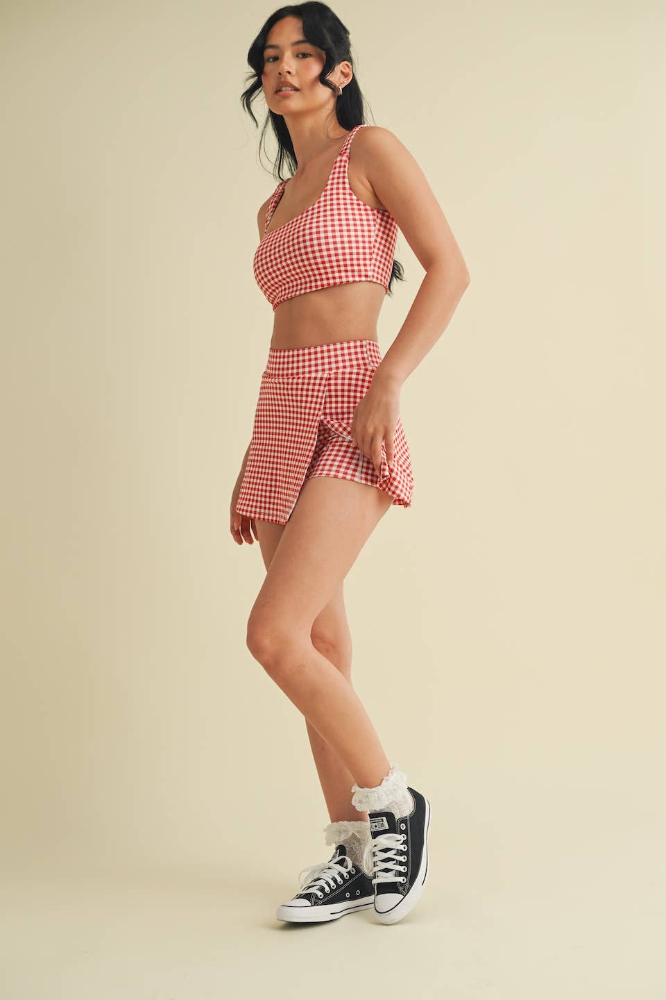 Gingham Print Side Slit A-Line Skort