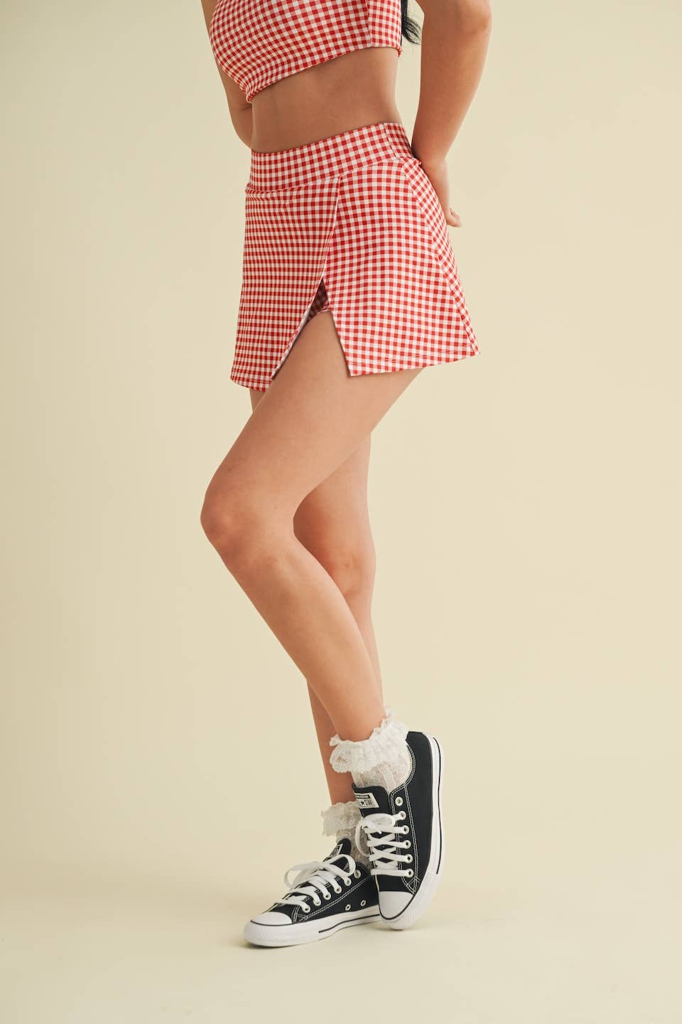 Gingham Print Side Slit A-Line Skort