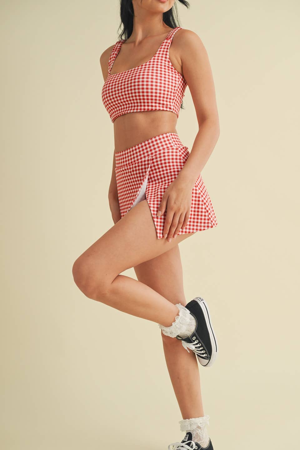 Gingham Print Side Slit A-Line Skort