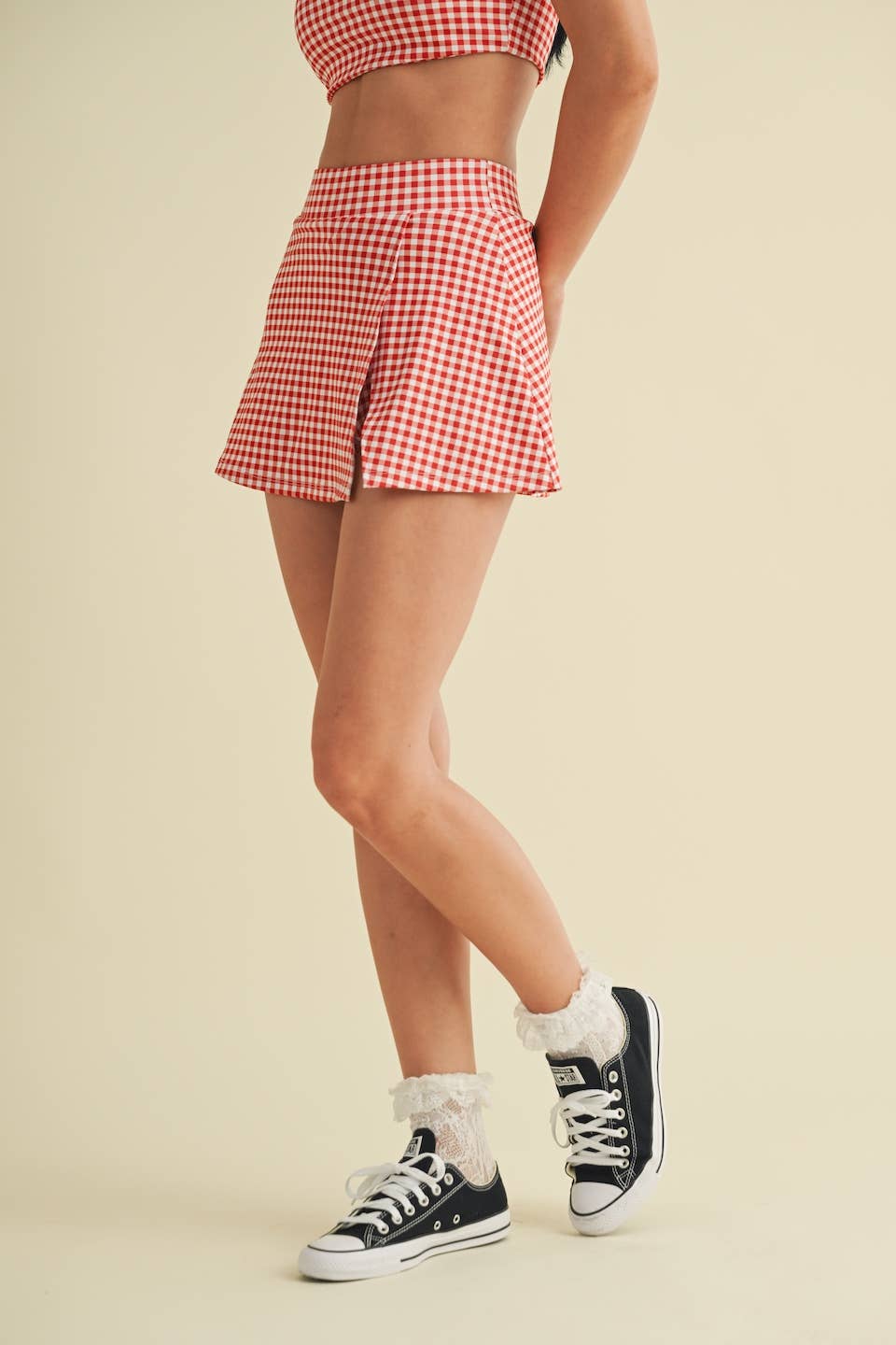 Gingham Print Side Slit A-Line Skort