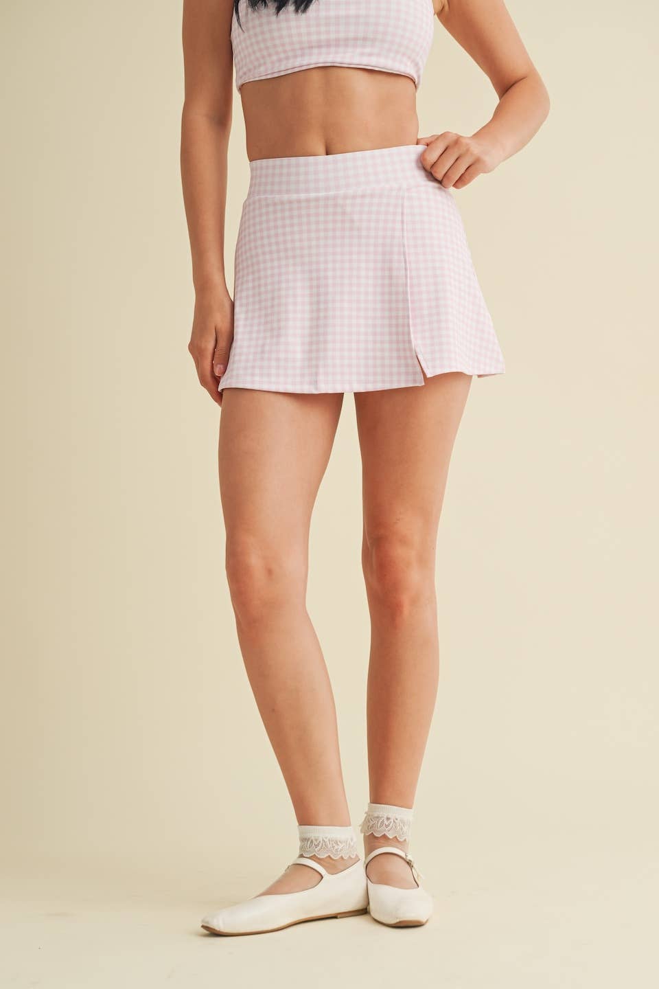 Gingham Print Side Slit A-Line Skort