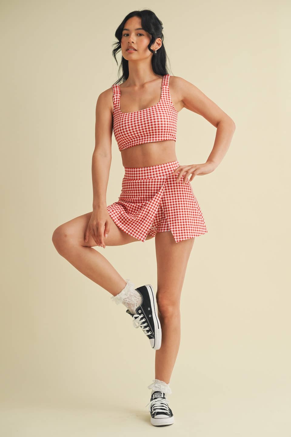 Gingham Print Side Slit A-Line Skort