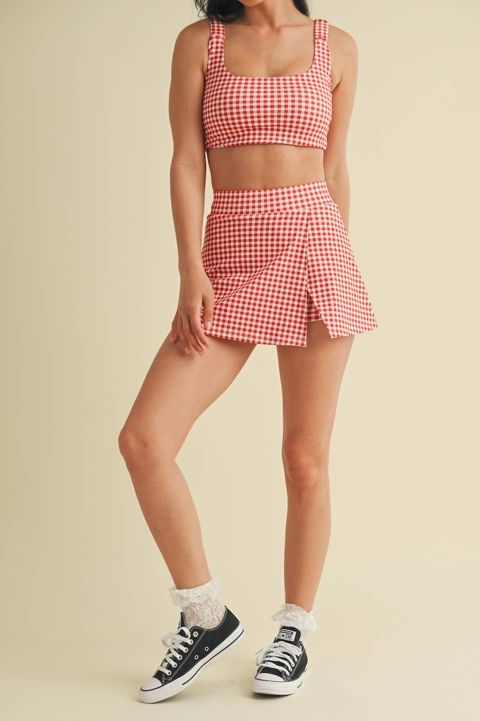 Gingham Print Side Slit A-Line Skort