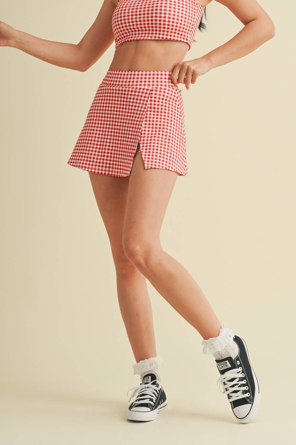 Gingham Print Side Slit A-Line Skort