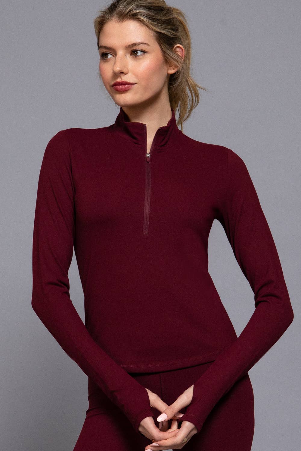 Long Sleeve Thumbhole Detail Zippered Mock Neck Workout Top